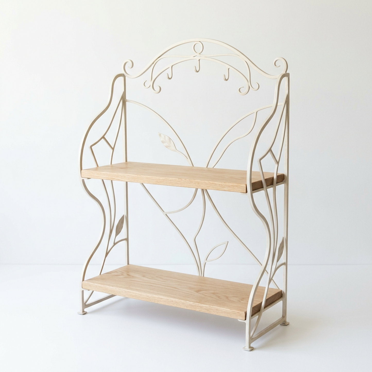 Decorative Countertop Storage Stand with Hanging Hooks, Two Wooden Shelves