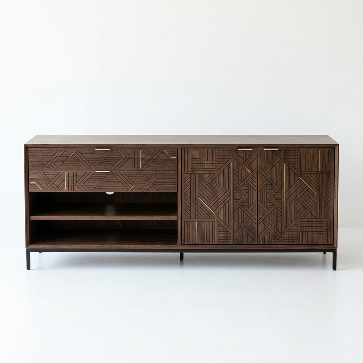 Wooden Media Console Cabinet with Textured Geometric Doors, Modern TV Cabinet