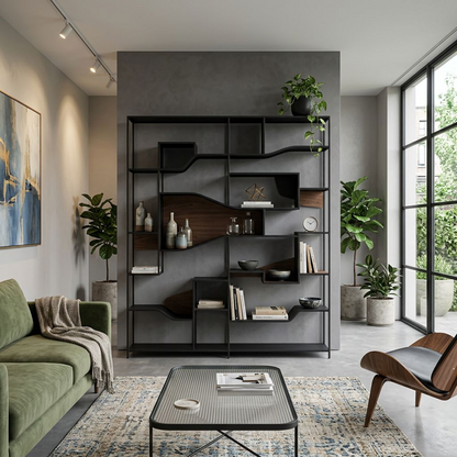 Modern Industrial Bookcase, Asymmetrical Open Shelving Unit with Metal Frame and Wood Shelves