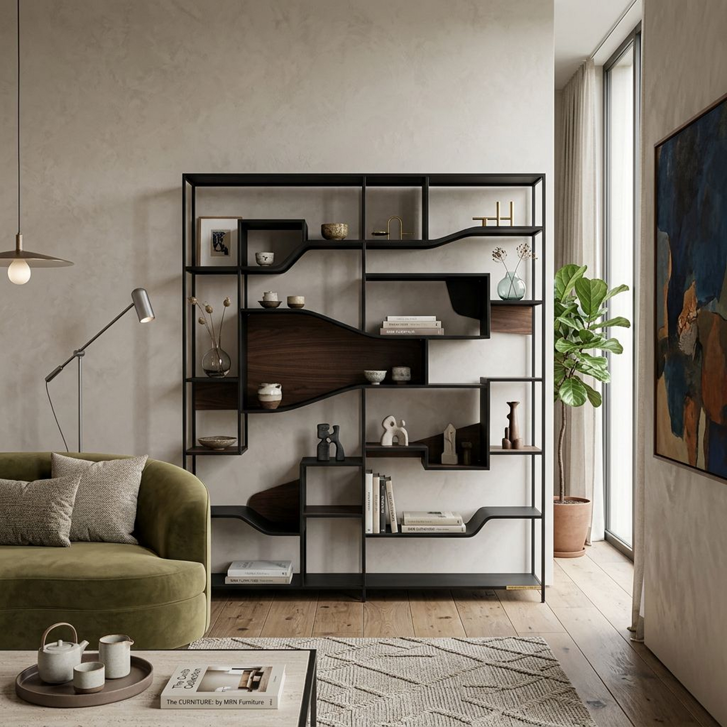 Modern Industrial Bookcase, Asymmetrical Open Shelving Unit with Metal Frame and Wood Shelves