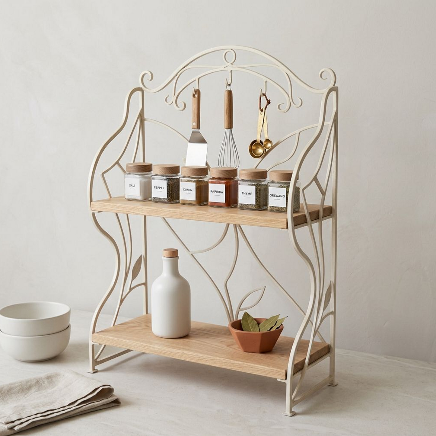Decorative Countertop Storage Stand with Hanging Hooks, Two Wooden Shelves