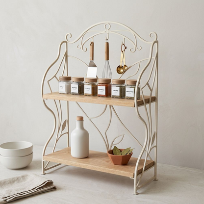 Decorative Countertop Storage Stand with Hanging Hooks, Two Wooden Shelves