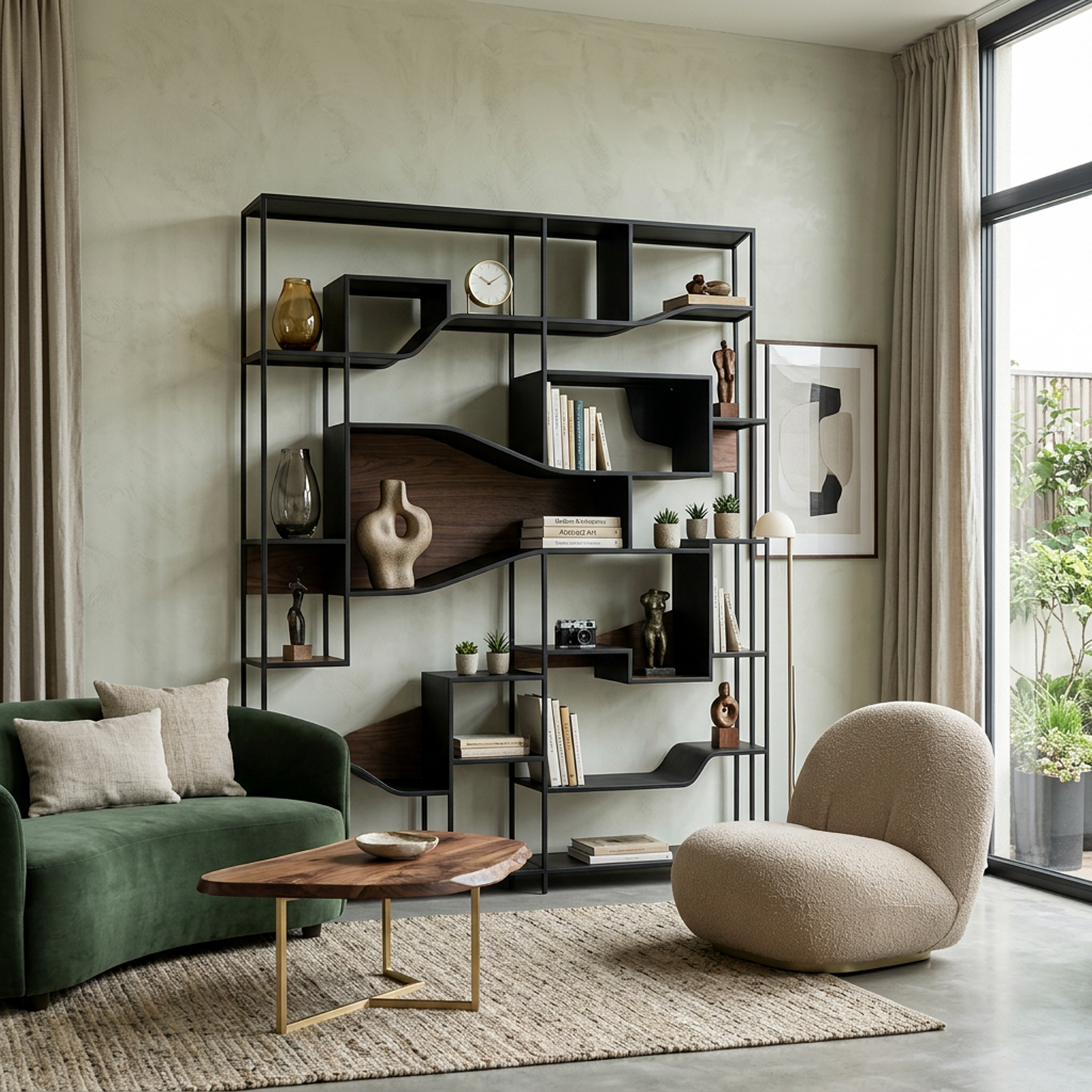 Modern Industrial Bookcase, Asymmetrical Open Shelving Unit with Metal Frame and Wood Shelves