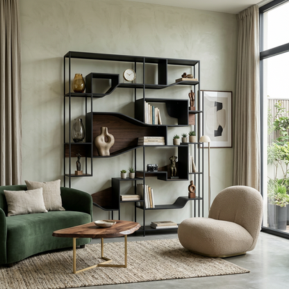 Modern Industrial Bookcase, Asymmetrical Open Shelving Unit with Metal Frame and Wood Shelves