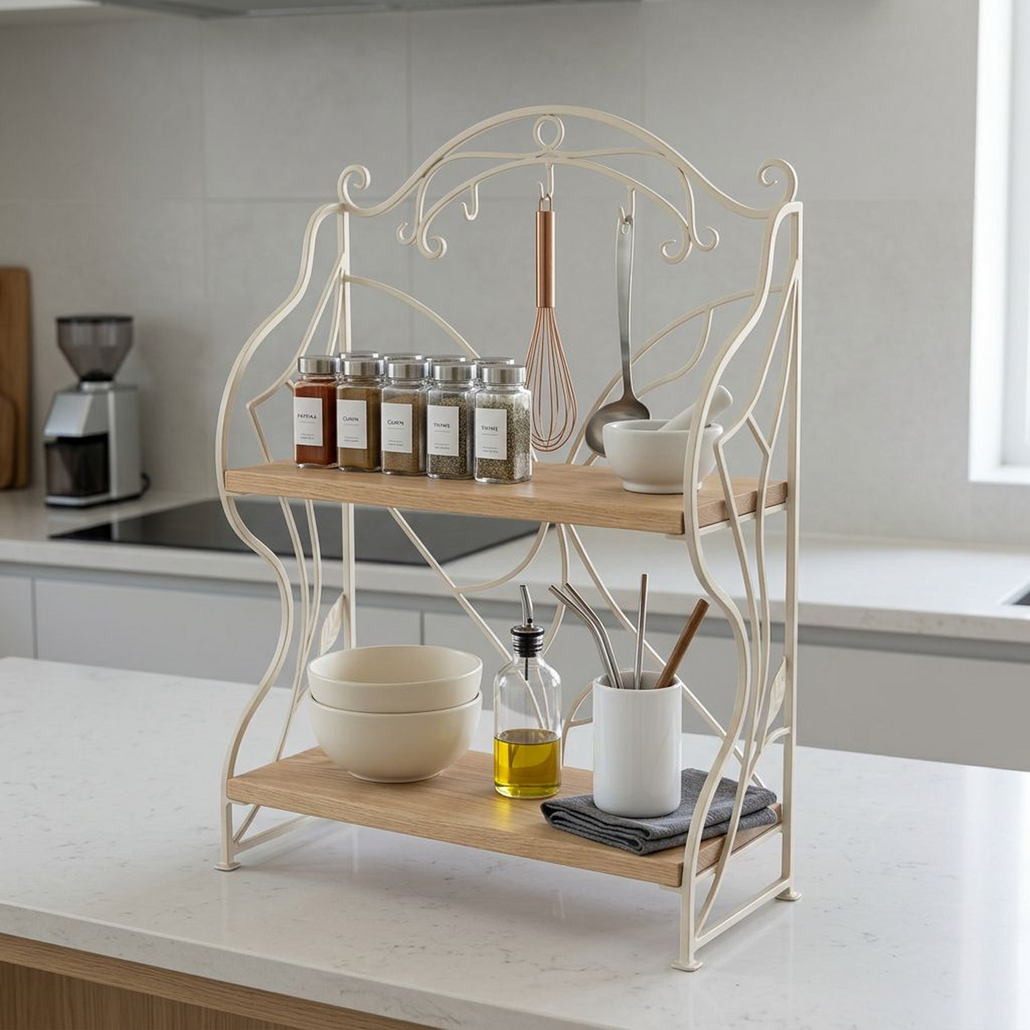 Decorative Countertop Storage Stand with Hanging Hooks, Two Wooden Shelves