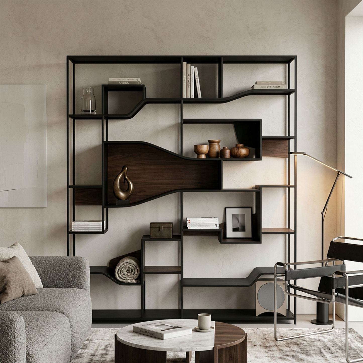 Modern Industrial Bookcase, Asymmetrical Open Shelving Unit with Metal Frame and Wood Shelves