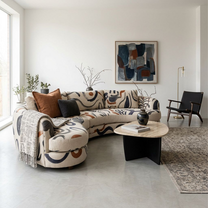 Modern Statement Sofa, Curved Upholstered Couch with Artistic Brushstroke Design