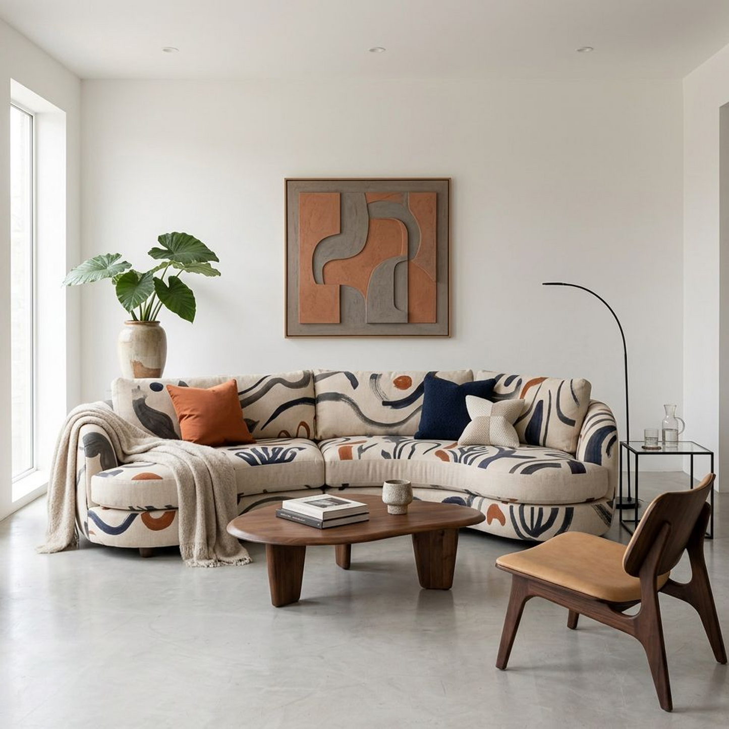 Modern Statement Sofa, Curved Upholstered Couch with Artistic Brushstroke Design