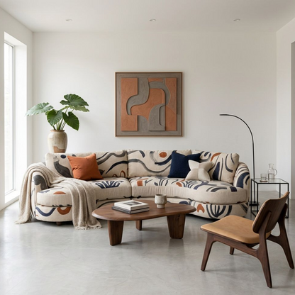 Modern Statement Sofa, Curved Upholstered Couch with Artistic Brushstroke Design