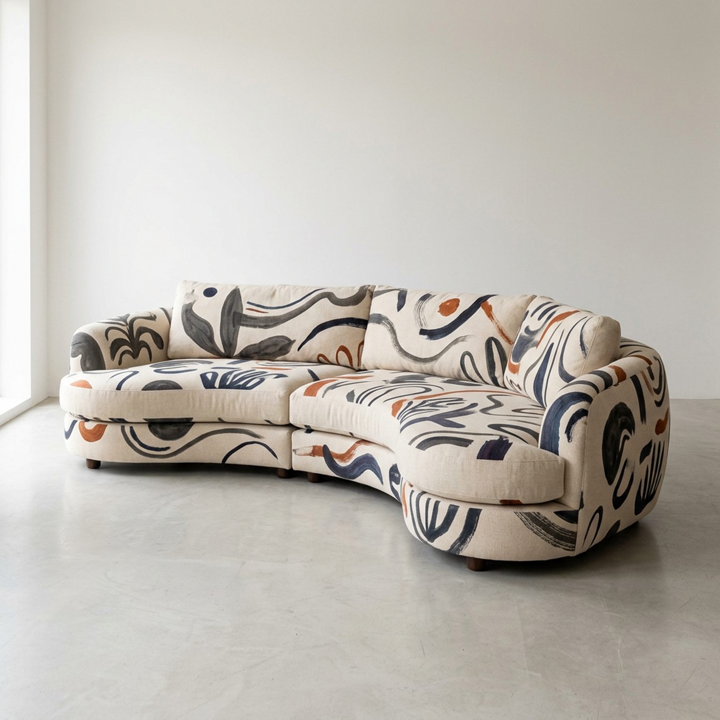 Modern Statement Sofa, Curved Upholstered Couch with Artistic Brushstroke Design