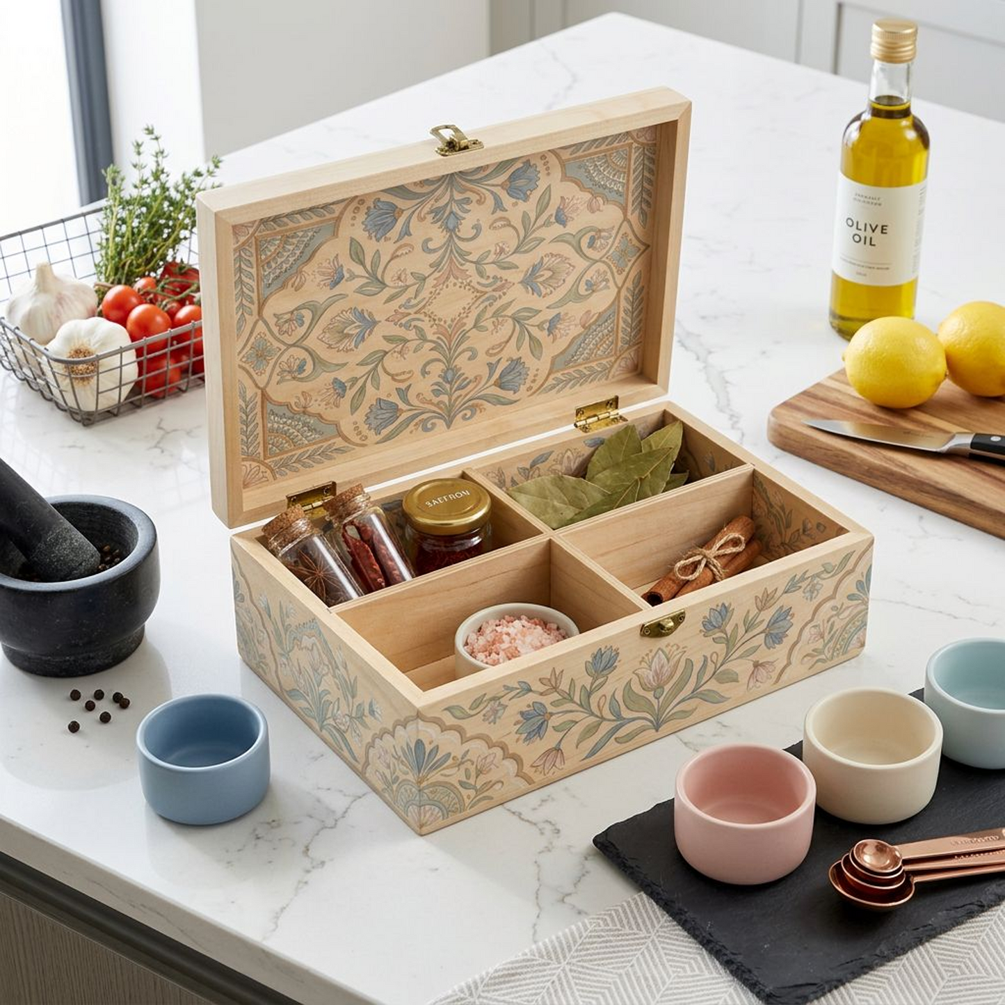 Wooden Compartment Organizer Box with Floral Pattern, Dust-Proof Flip-Top Lid