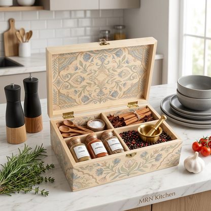 Wooden Compartment Organizer Box with Floral Pattern, Dust-Proof Flip-Top Lid