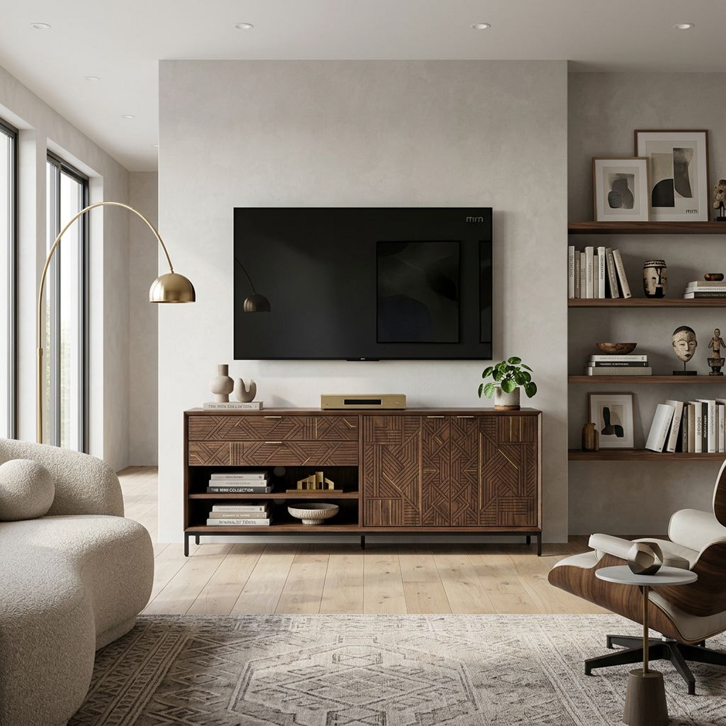 Wooden Media Console Cabinet with Textured Geometric Doors, Modern TV Cabinet