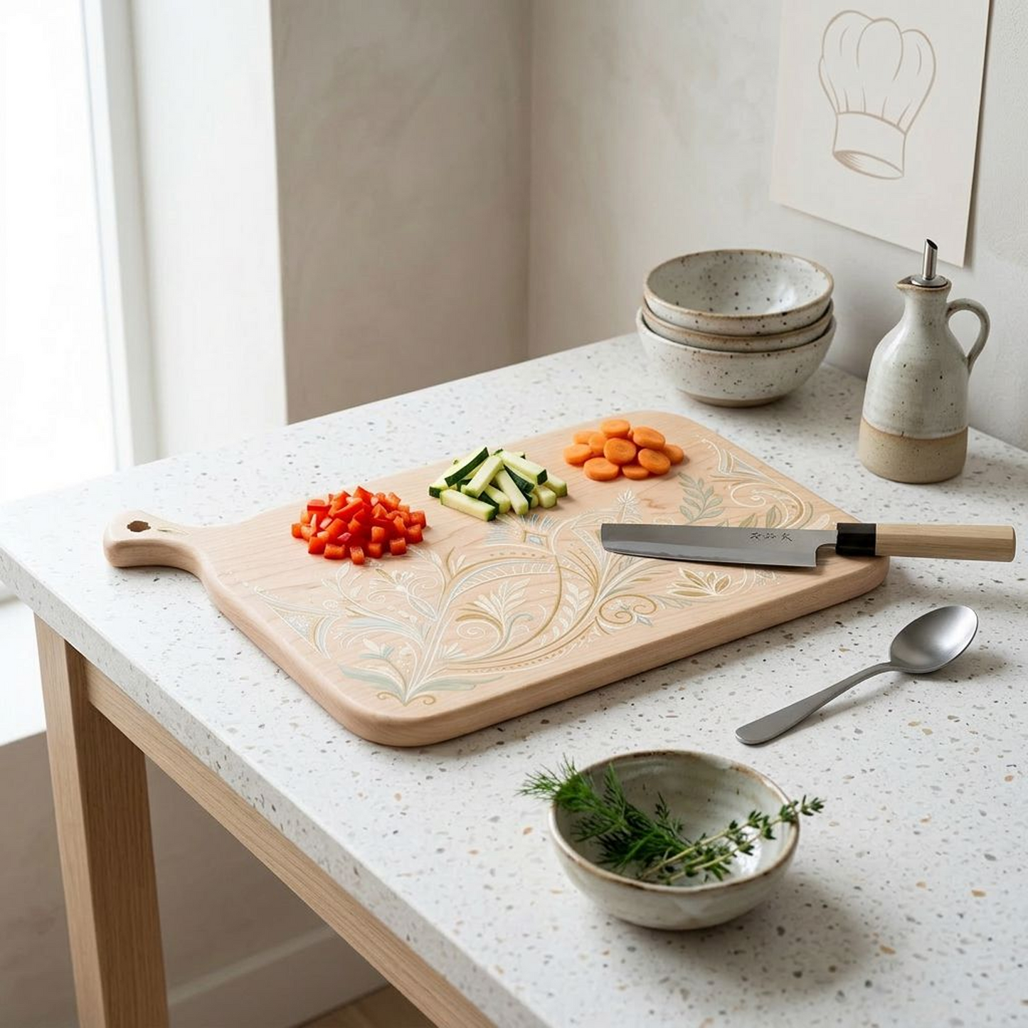Vintage Botanical Wood Cutting Board, Multi-Use Prep Board for Kitchen & Entertaining