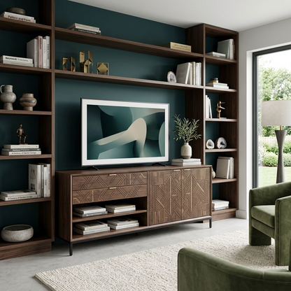 Wooden Media Console Cabinet with Textured Geometric Doors, Modern TV Cabinet